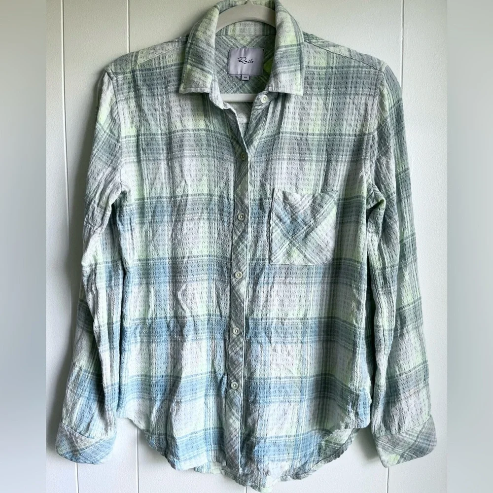 Rails Brady Long Sleeve Button Up Plaid Shirt in Sage Green Yellow Lemon Size XS